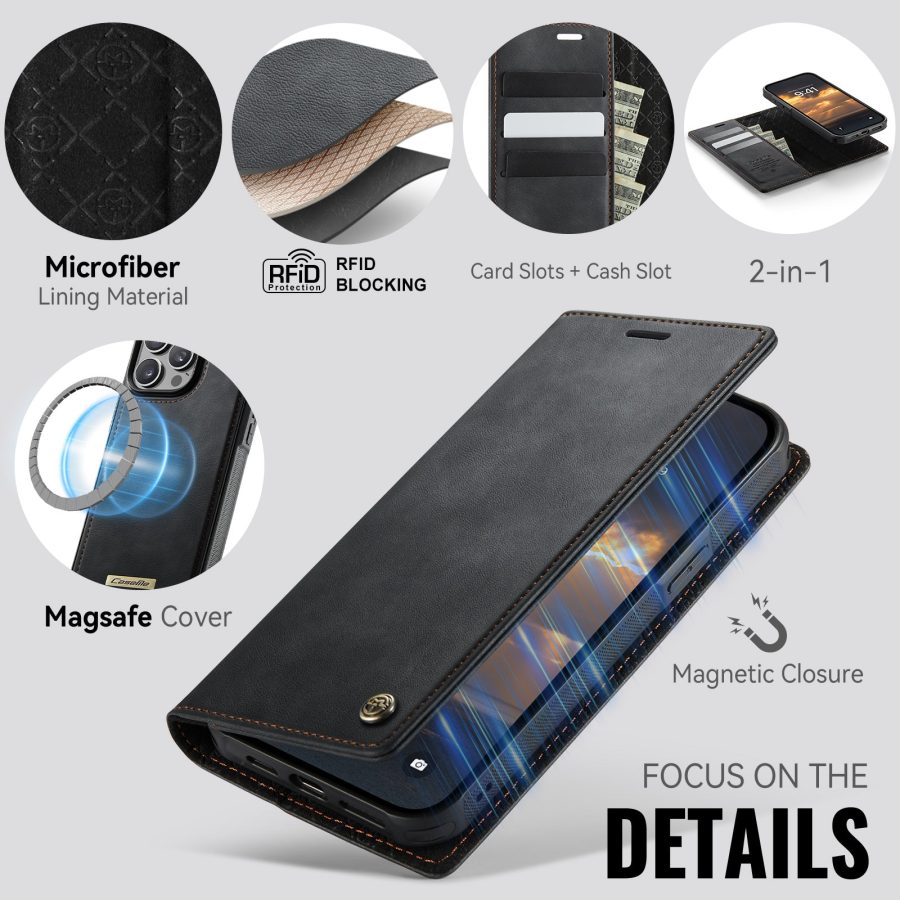 6601166930B-9 CASEME iPhone 13 Pro Case 2-in-1 Detachable Wallet Vegan Leather Flip Cover - Compatible with MagSafe