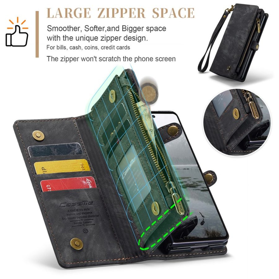 6601168990B-5 CASEME For Samsung Galaxy Z Fold7 Case 2-in-1 Detachable Magnetic Zipper Wallet Vegan Leather Flip Cover