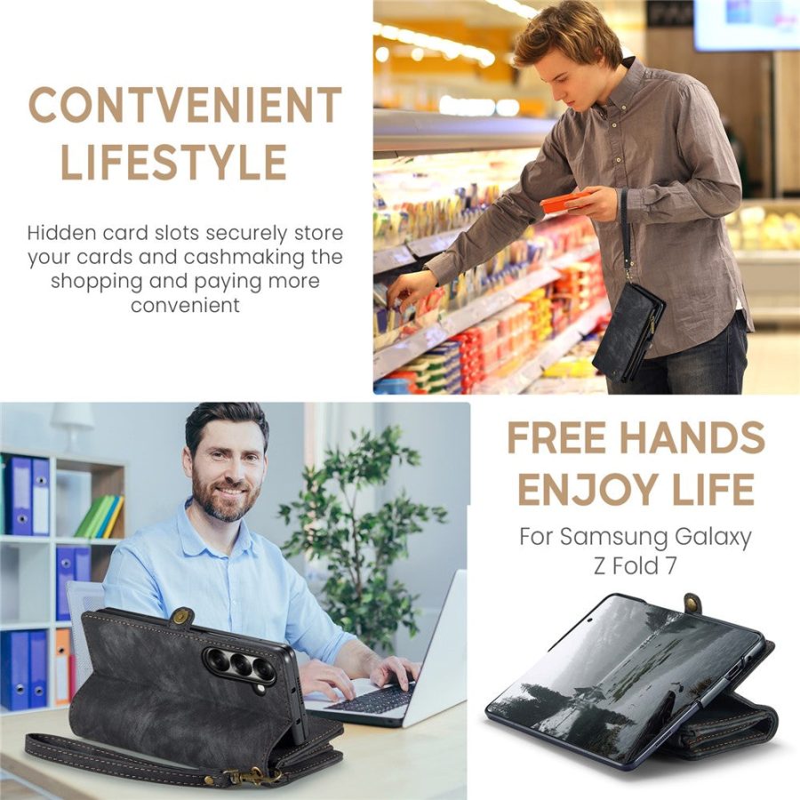6601168990B-6 CASEME For Samsung Galaxy Z Fold7 Case 2-in-1 Detachable Magnetic Zipper Wallet Vegan Leather Flip Cover