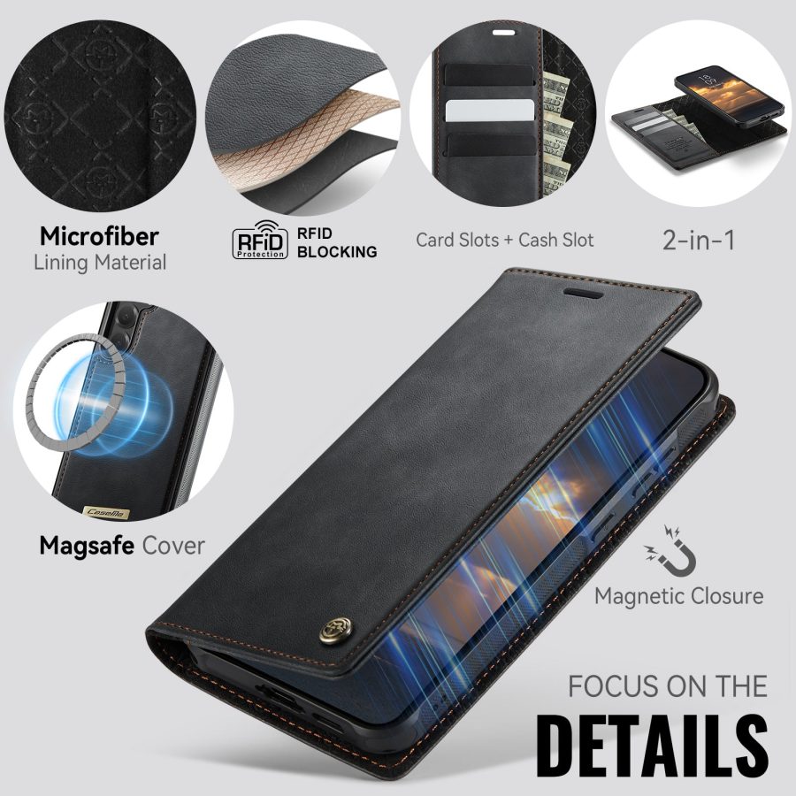 6601168994A-9 CASEME Samsung Galaxy S24 FE Case 2-in-1 Magnetic Detachable Wallet Vegan Leather Flip Cover