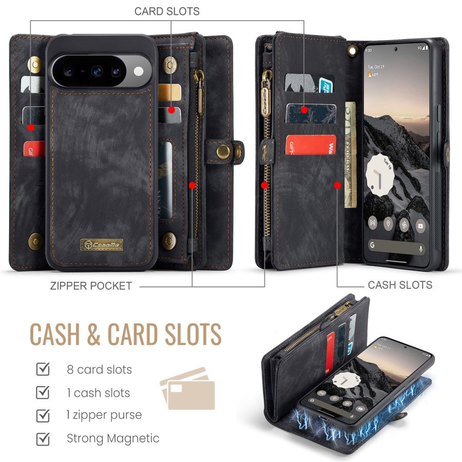 6601175067B-2 CASEME For Google Pixel 10 Pro / Pixel 10 Case 2-in-1 Detachable Magnetic Zipper Wallet Vegan Leather Flip Cover