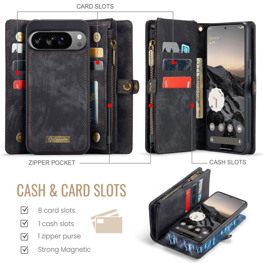6601175069B-2 CASEME For Google Pixel 10 Pro XL Case 2-in-1 Detachable Magnetic Zipper Wallet Vegan Leather Flip Cover