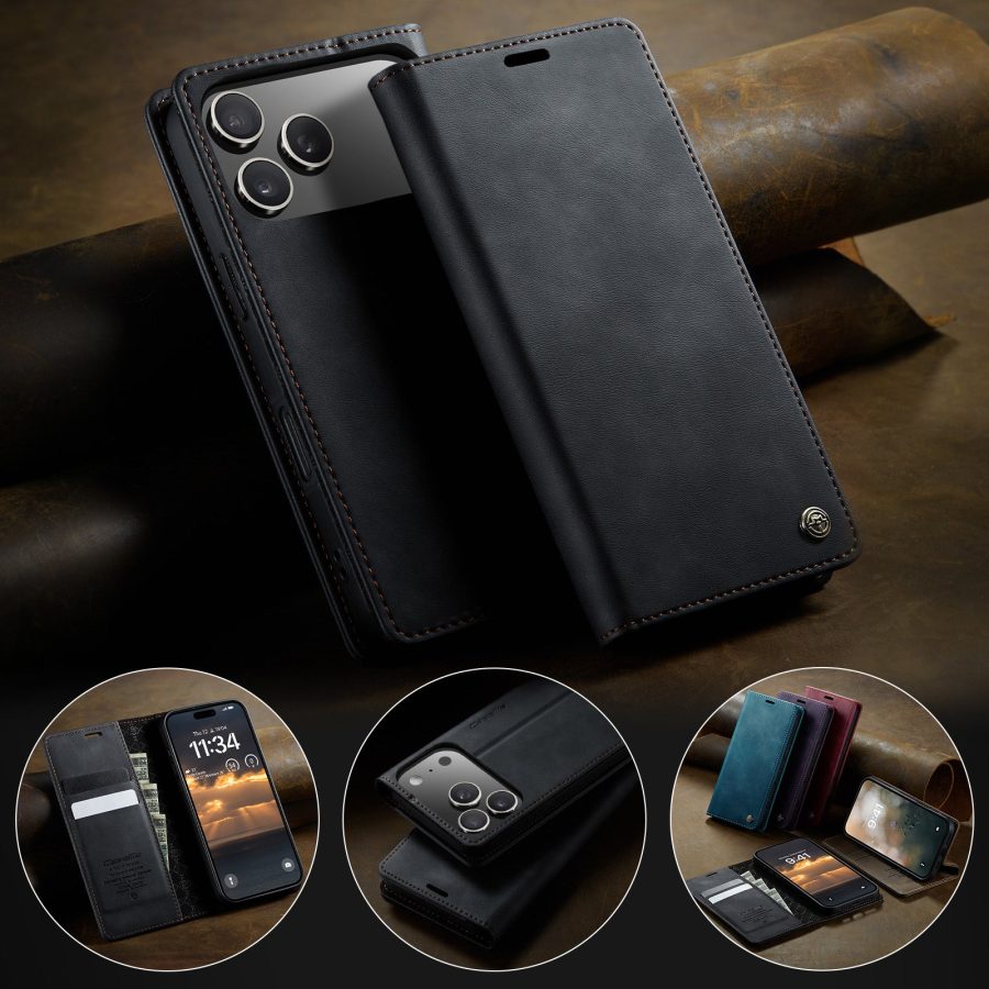 CASEME For iPhone 17 Pro Case RFID Blocking Wallet Calf Texture Vegan Leather Flip Cover