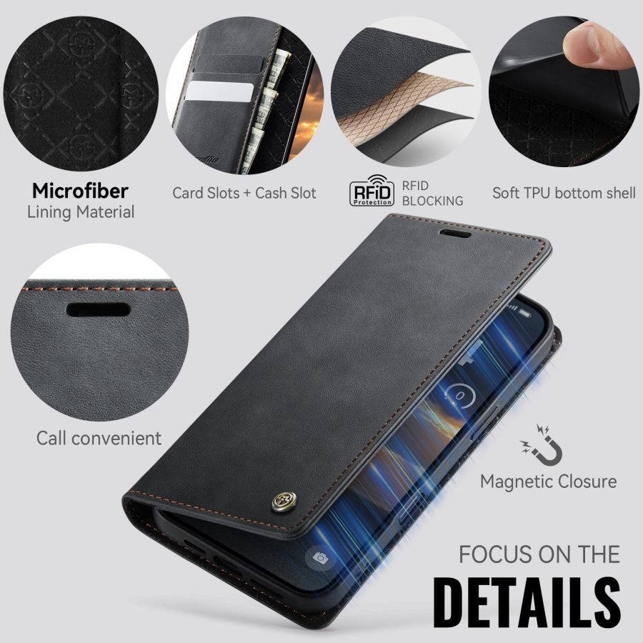 CASEME For iPhone 17 Pro Case RFID Blocking Wallet Calf Texture Vegan Leather Flip Cover