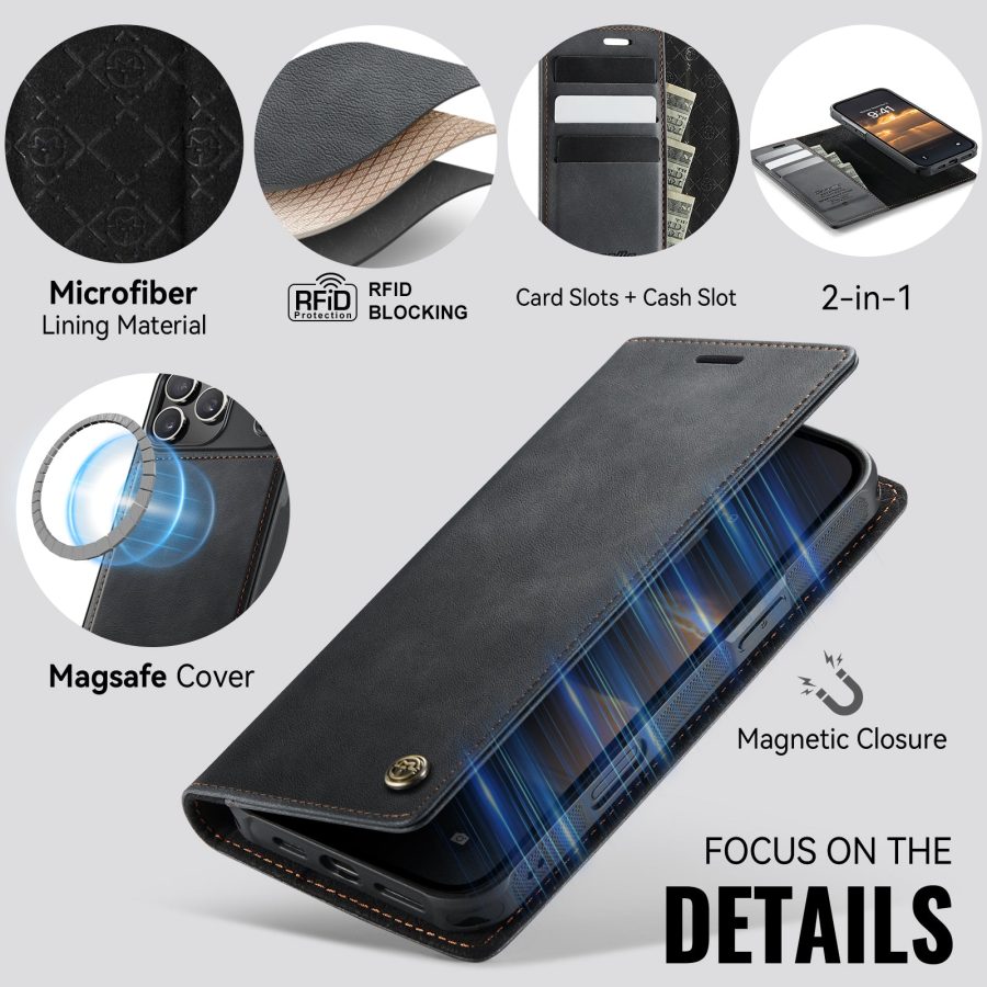 CASEME iPhone 17 Pro Case 2-in-1 Detachable Wallet Vegan Leather Flip Cover - Compatible with MagSafe