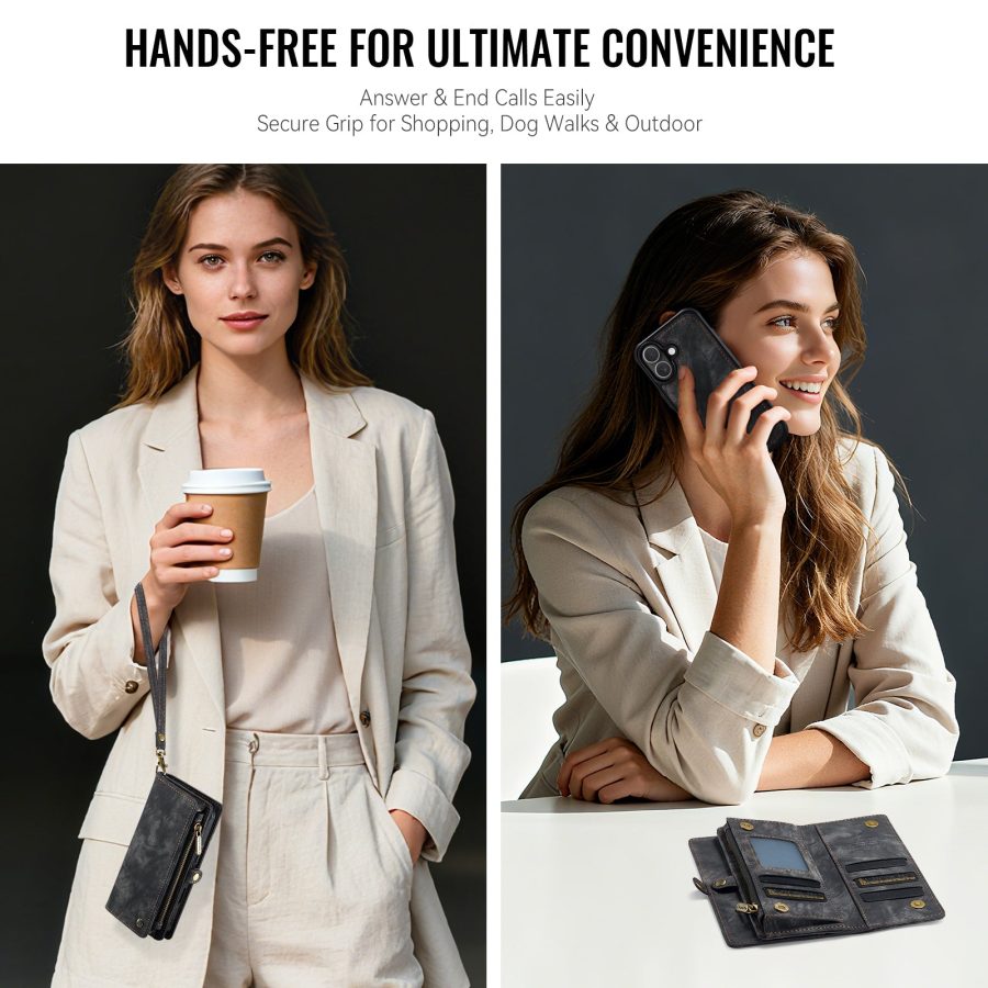 CASEME For iPhone 17 Case 2-in-1 Detachable Magnetic Zipper Wallet Vegan Leather Flip Cover