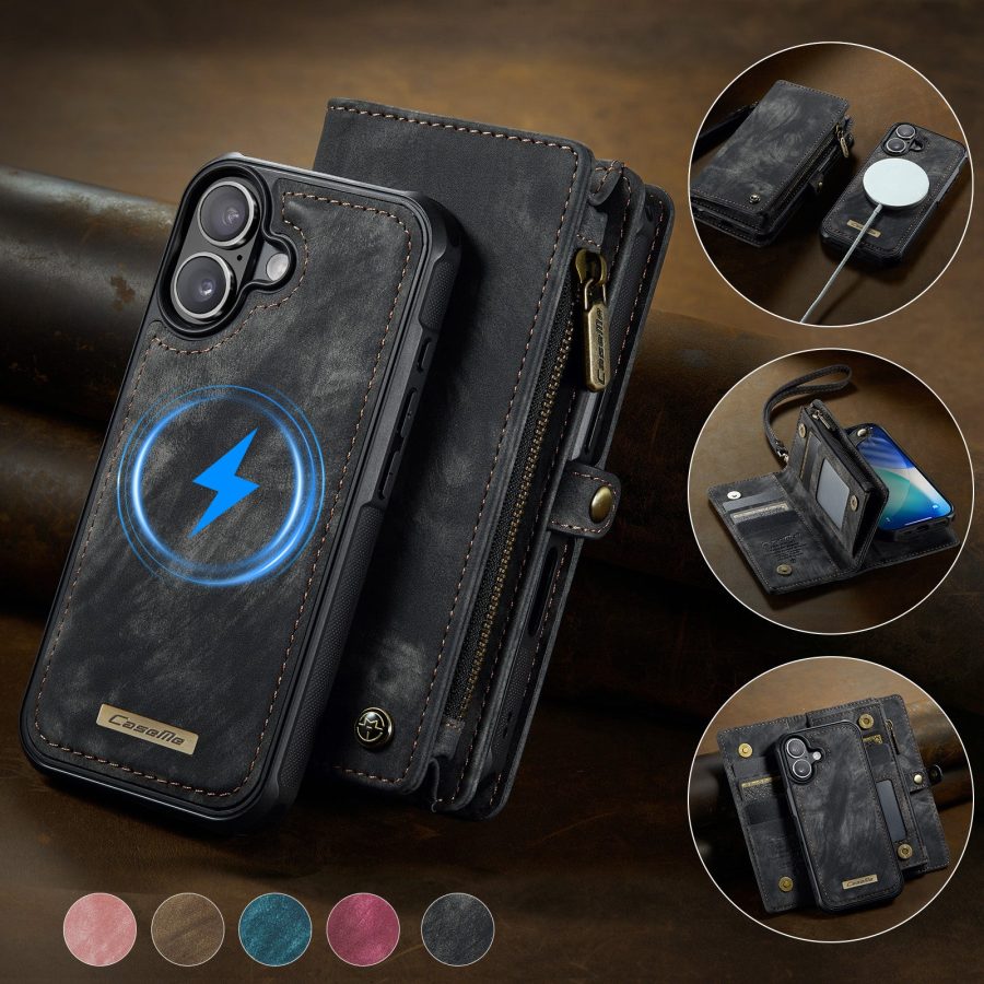 CASEME For iPhone 17 Case 2-in-1 Detachable Magnetic Zipper Wallet Vegan Leather Flip Cover