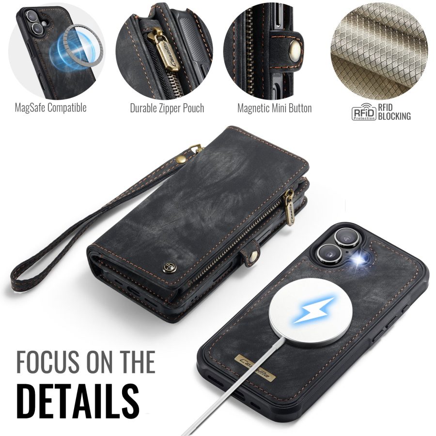 CASEME For iPhone 17 Case 2-in-1 Detachable Magnetic Zipper Wallet Vegan Leather Flip Cover
