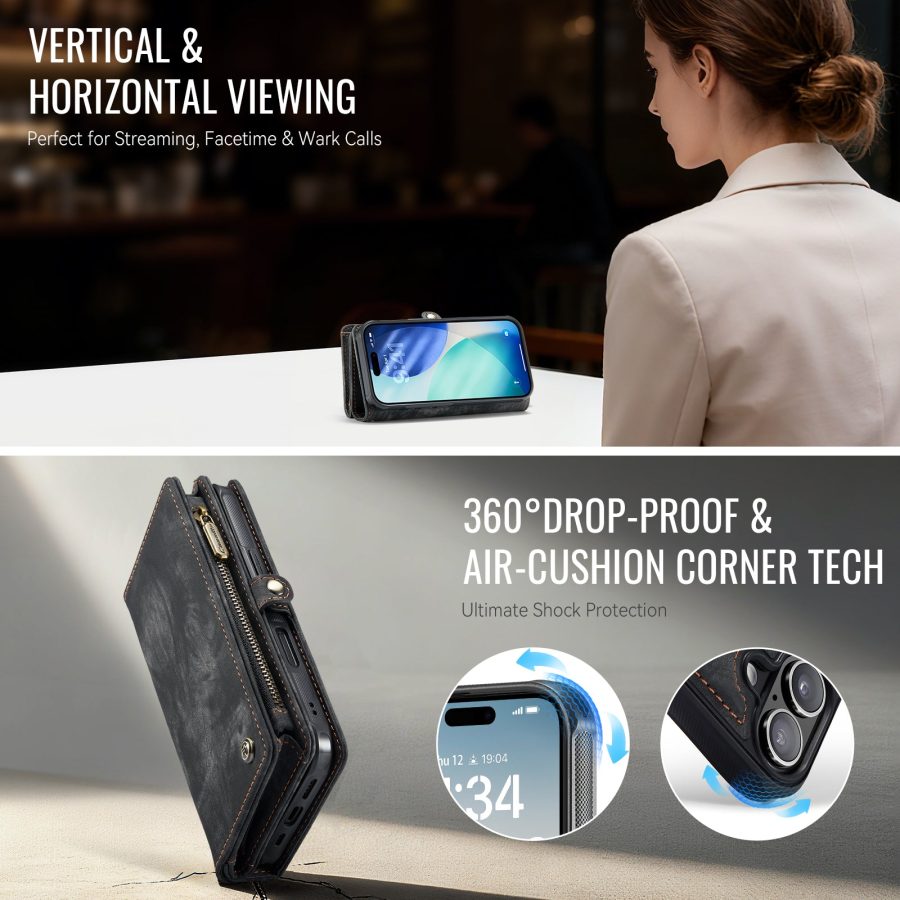 CASEME For iPhone 17 Case 2-in-1 Detachable Magnetic Zipper Wallet Vegan Leather Flip Cover
