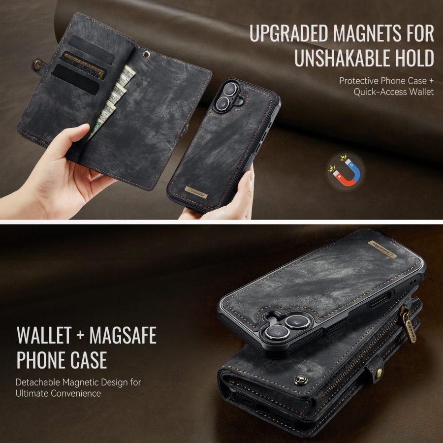 CASEME For iPhone 17 Case 2-in-1 Detachable Magnetic Zipper Wallet Vegan Leather Flip Cover