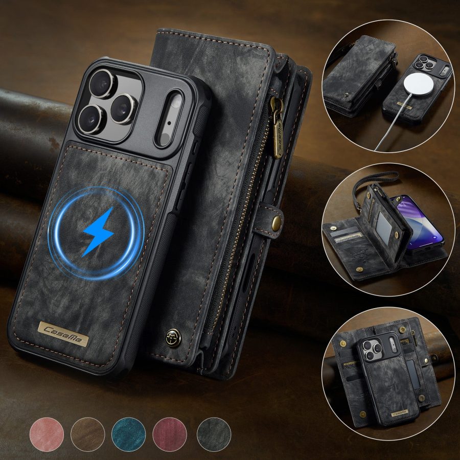 CASEME For iPhone 17 Pro Max Case 2-in-1 Detachable Magnetic Zipper Wallet Vegan Leather Flip Cover