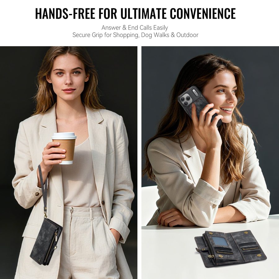 CASEME For iPhone 17 Pro Case 2-in-1 Detachable Magnetic Zipper Wallet Vegan Leather Flip Cover