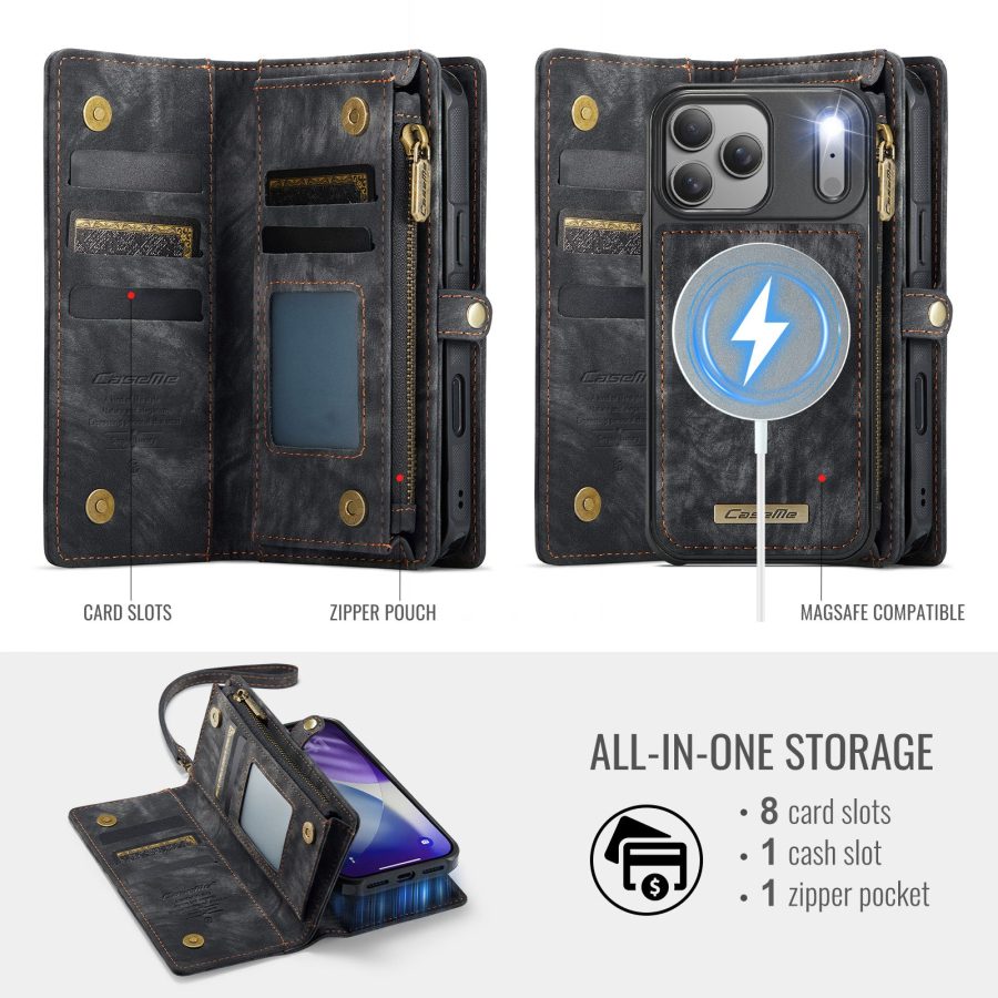 CASEME For iPhone 17 Pro Case 2-in-1 Detachable Magnetic Zipper Wallet Vegan Leather Flip Cover