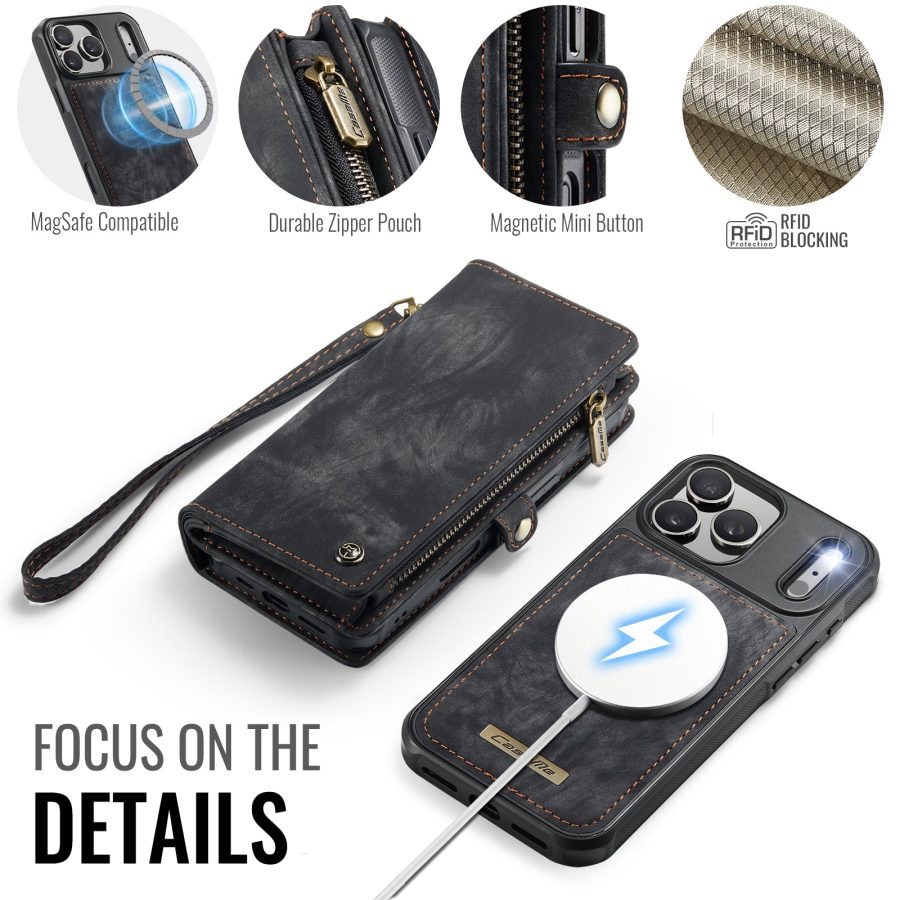 CASEME For iPhone 17 Pro Case 2-in-1 Detachable Magnetic Zipper Wallet Vegan Leather Flip Cover