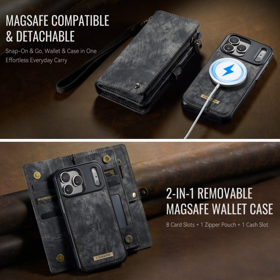 CASEME For iPhone 17 Pro Case 2-in-1 Detachable Magnetic Zipper Wallet Vegan Leather Flip Cover
