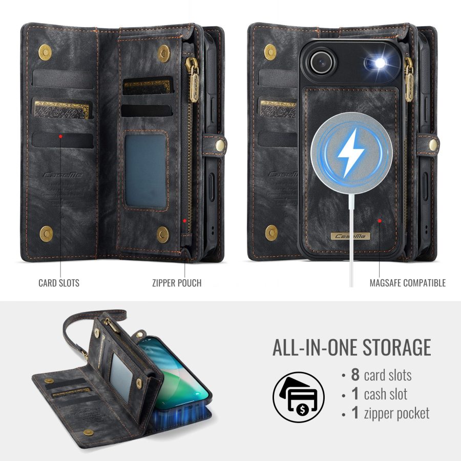 CASEME For iPhone Air Case 2-in-1 Detachable Magnetic Zipper Wallet Vegan Leather Flip Cover