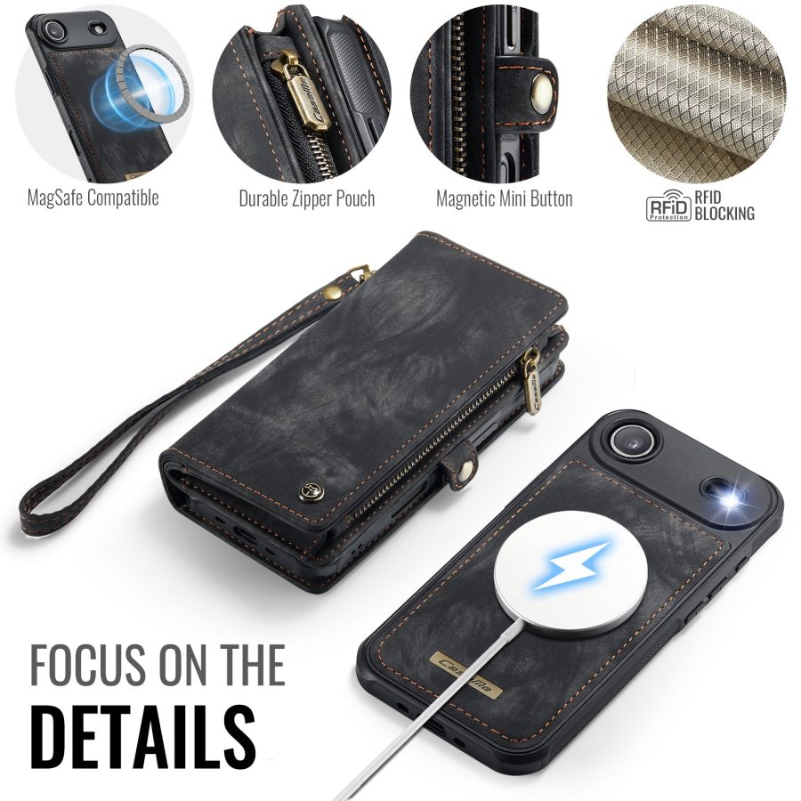 CASEME For iPhone Air Case 2-in-1 Detachable Magnetic Zipper Wallet Vegan Leather Flip Cover