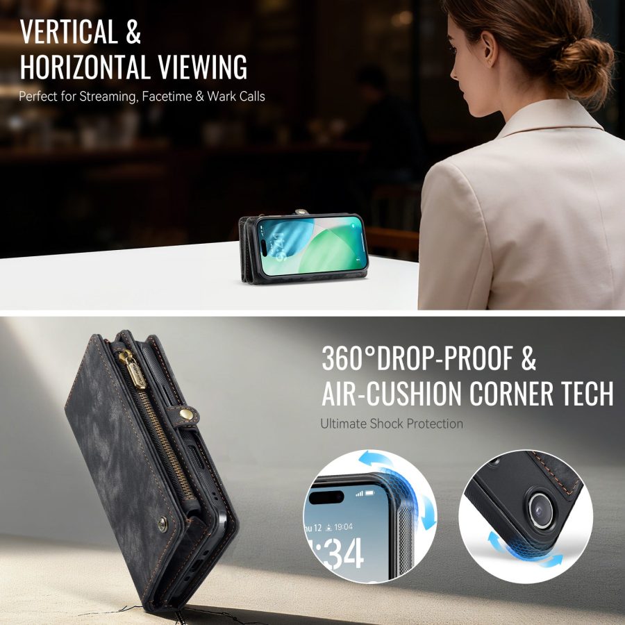 CASEME For iPhone Air Case 2-in-1 Detachable Magnetic Zipper Wallet Vegan Leather Flip Cover