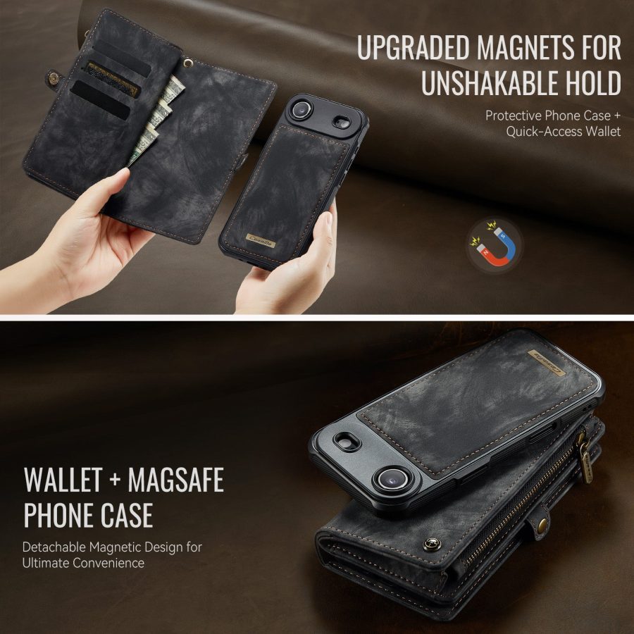 CASEME For iPhone Air Case 2-in-1 Detachable Magnetic Zipper Wallet Vegan Leather Flip Cover