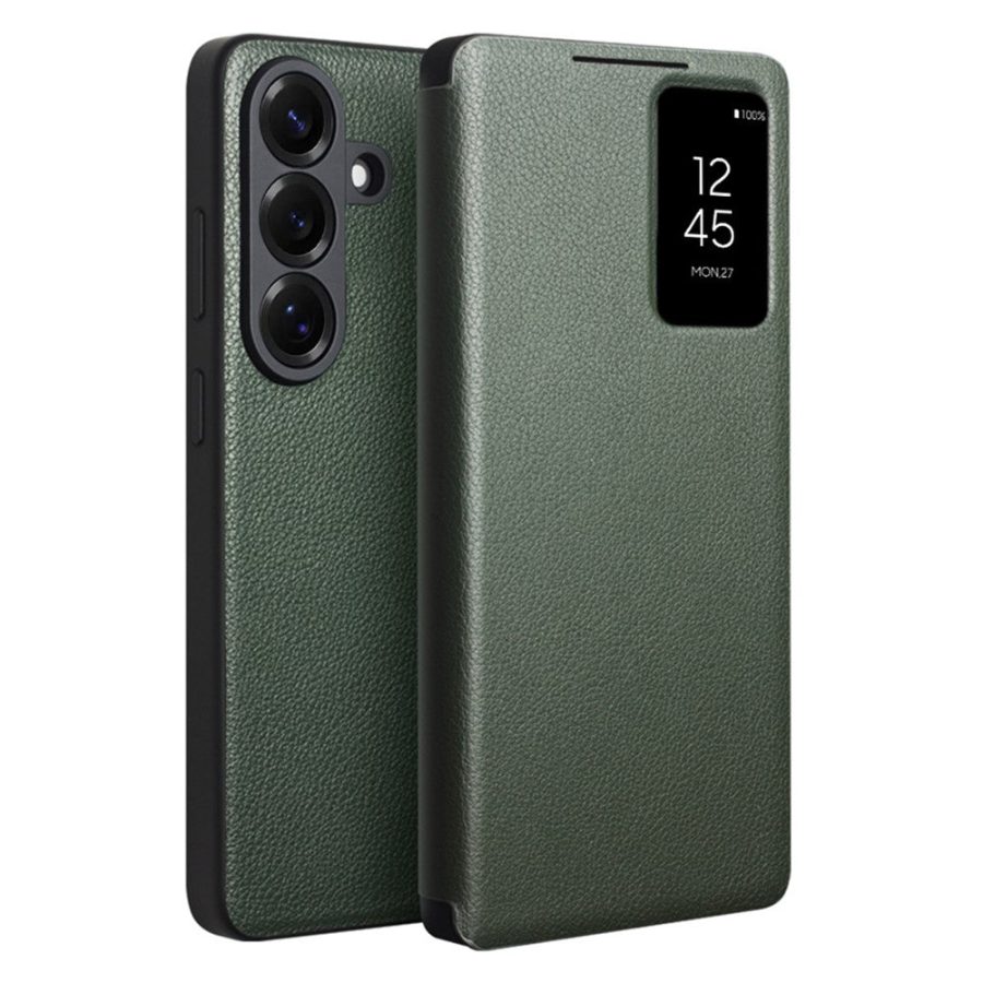 6601214444C-1 QIALINO For Samsung Galaxy S26+ Wallet Case Genuine Leather Flip Phone Cover with Smart View Window With App