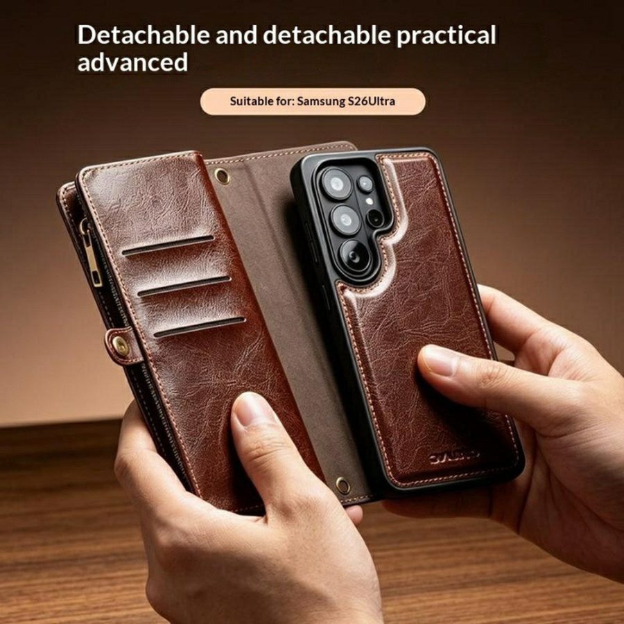 6601221855A-10 QIALINO Business Style For Samsung Galaxy S26 Ultra Case Genuine Leather Detachable 2-in-1 Wallet Flip Phone Cover with Shoulder Strap & Wrist Strap