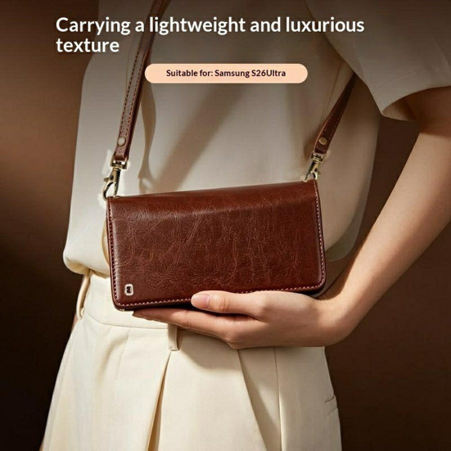 6601221855A-14 QIALINO Business Style For Samsung Galaxy S26 Ultra Case Genuine Leather Detachable 2-in-1 Wallet Flip Phone Cover with Shoulder Strap & Wrist Strap