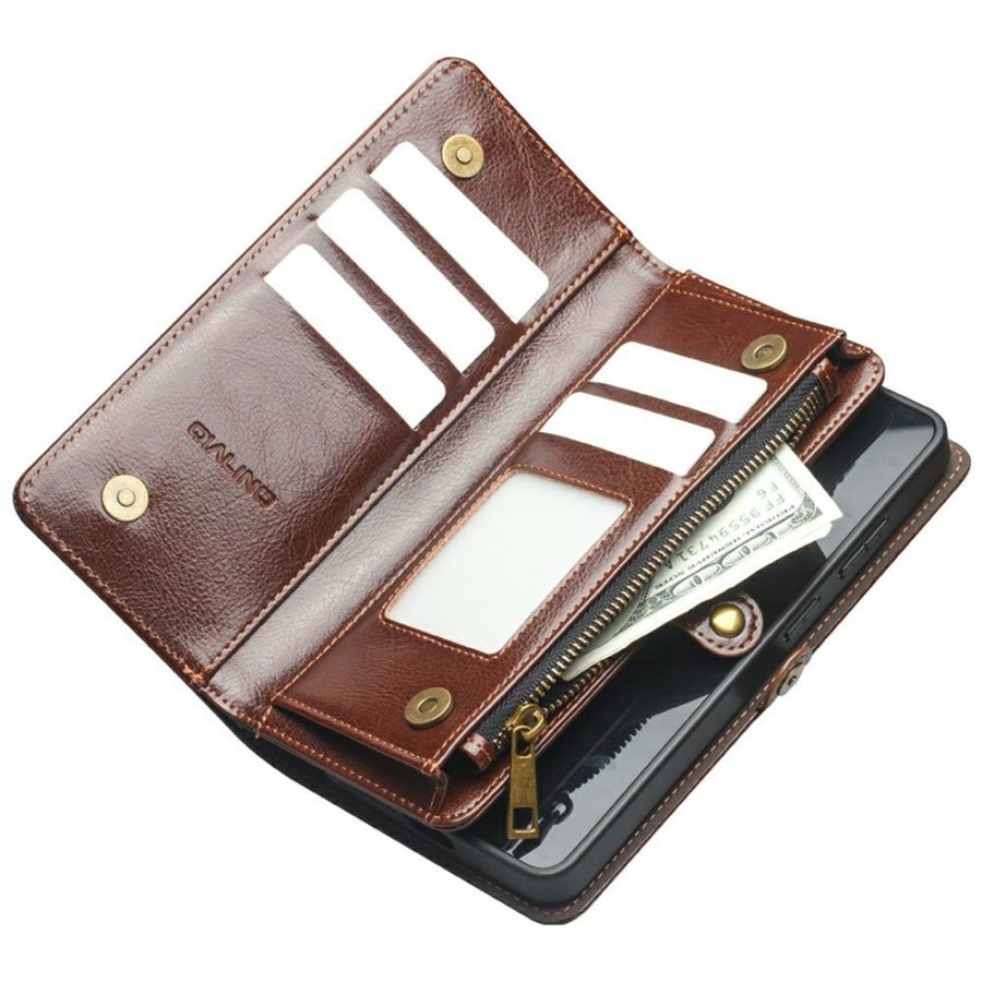 6601221855A-4 QIALINO Business Style For Samsung Galaxy S26 Ultra Case Genuine Leather Detachable 2-in-1 Wallet Flip Phone Cover with Shoulder Strap & Wrist Strap