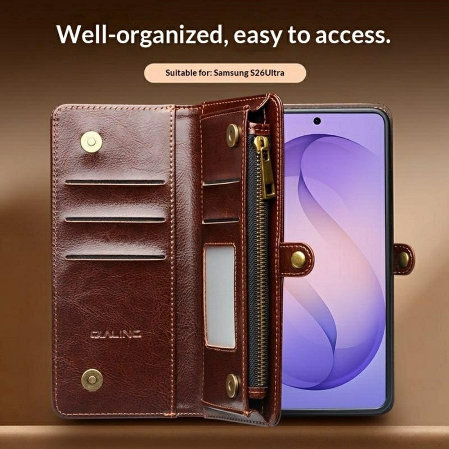 6601221855A-7 QIALINO Business Style For Samsung Galaxy S26 Ultra Case Genuine Leather Detachable 2-in-1 Wallet Flip Phone Cover with Shoulder Strap & Wrist Strap