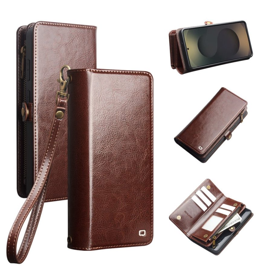 6601221856A-1 QIALINO Business Style For Samsung Galaxy S25 Ultra Case Genuine Leather Detachable 2-in-1 Wallet Flip Phone Cover with Shoulder Strap & Wrist Strap