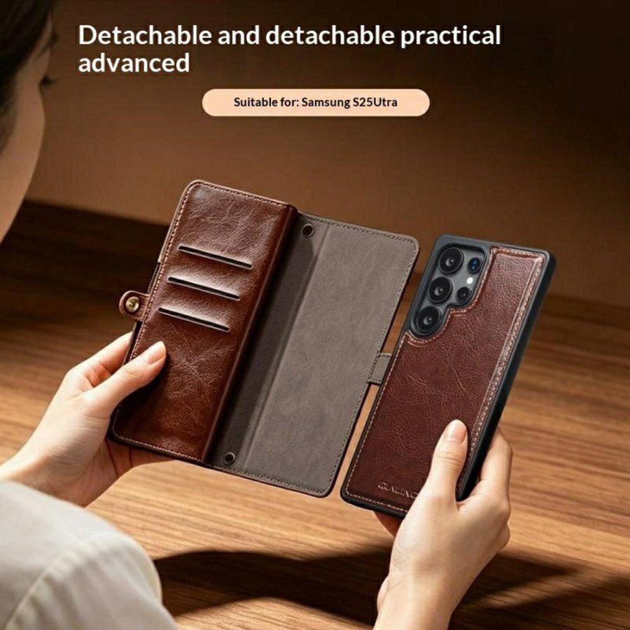 6601221856A-10 QIALINO Business Style For Samsung Galaxy S25 Ultra Case Genuine Leather Detachable 2-in-1 Wallet Flip Phone Cover with Shoulder Strap & Wrist Strap