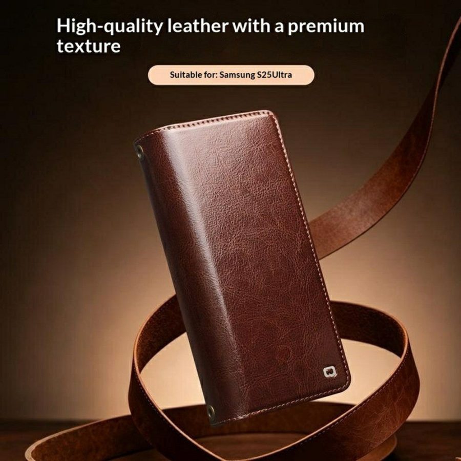 6601221856A-11 QIALINO Business Style For Samsung Galaxy S25 Ultra Case Genuine Leather Detachable 2-in-1 Wallet Flip Phone Cover with Shoulder Strap & Wrist Strap