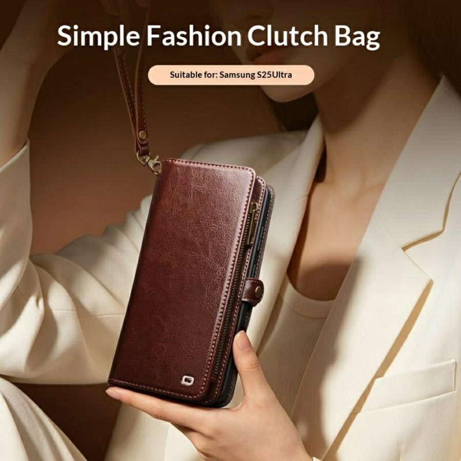 6601221856A-12 QIALINO Business Style For Samsung Galaxy S25 Ultra Case Genuine Leather Detachable 2-in-1 Wallet Flip Phone Cover with Shoulder Strap & Wrist Strap