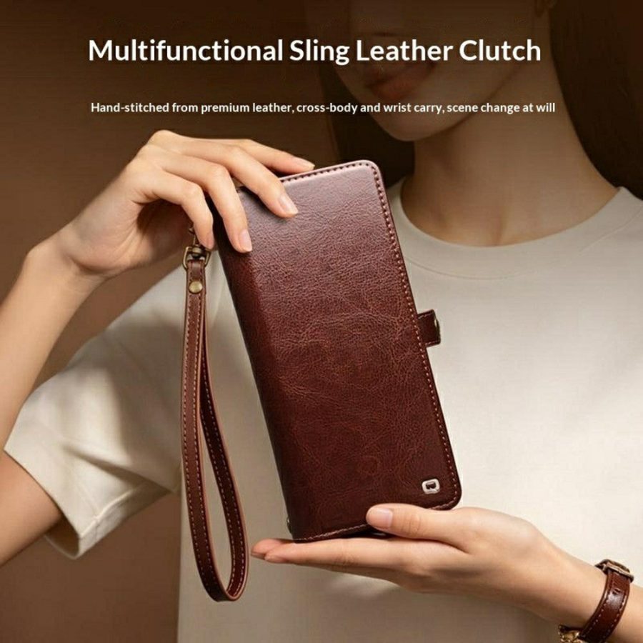 6601221856A-13 QIALINO Business Style For Samsung Galaxy S25 Ultra Case Genuine Leather Detachable 2-in-1 Wallet Flip Phone Cover with Shoulder Strap & Wrist Strap