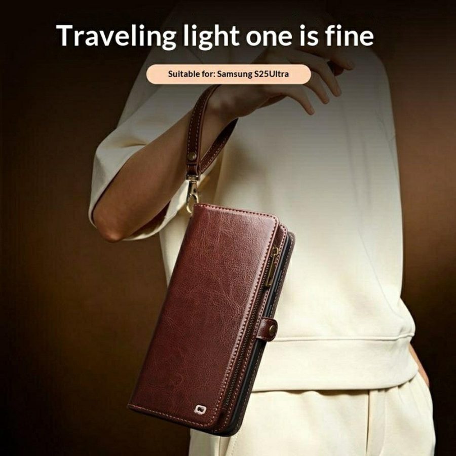 6601221856A-15 QIALINO Business Style For Samsung Galaxy S25 Ultra Case Genuine Leather Detachable 2-in-1 Wallet Flip Phone Cover with Shoulder Strap & Wrist Strap