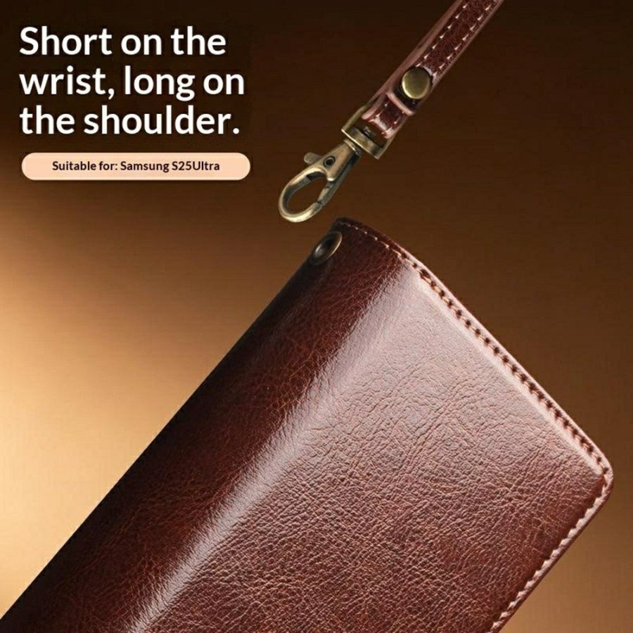 6601221856A-16 QIALINO Business Style For Samsung Galaxy S25 Ultra Case Genuine Leather Detachable 2-in-1 Wallet Flip Phone Cover with Shoulder Strap & Wrist Strap
