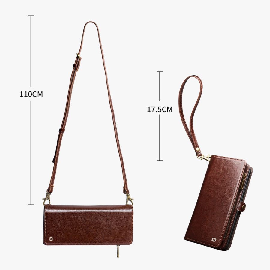 6601221856A-19 QIALINO Business Style For Samsung Galaxy S25 Ultra Case Genuine Leather Detachable 2-in-1 Wallet Flip Phone Cover with Shoulder Strap & Wrist Strap