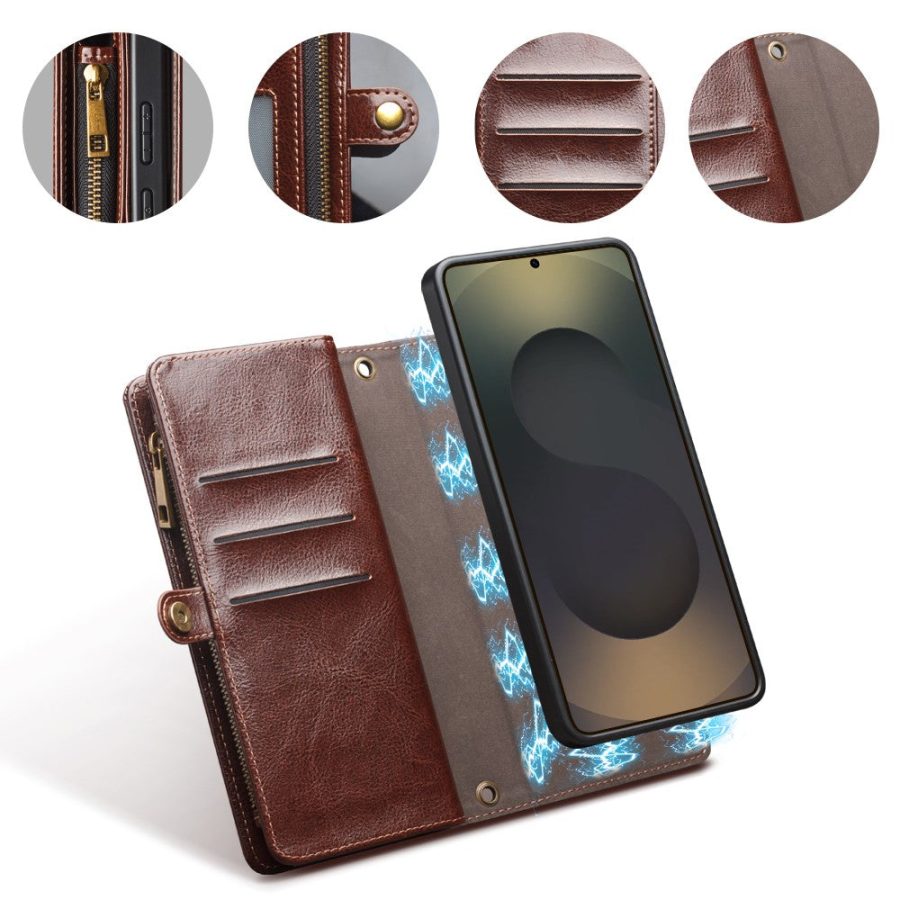 6601221856A-2 QIALINO Business Style For Samsung Galaxy S25 Ultra Case Genuine Leather Detachable 2-in-1 Wallet Flip Phone Cover with Shoulder Strap & Wrist Strap