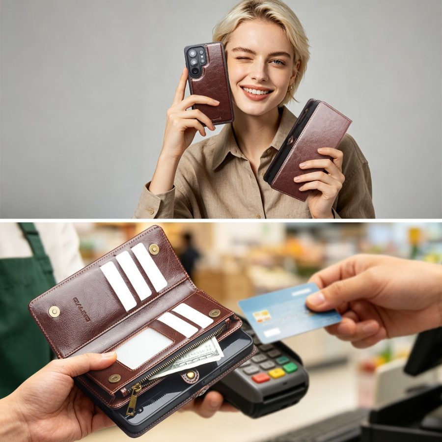 6601221856A-20 QIALINO Business Style For Samsung Galaxy S25 Ultra Case Genuine Leather Detachable 2-in-1 Wallet Flip Phone Cover with Shoulder Strap & Wrist Strap