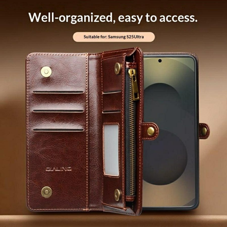 6601221856A-7 QIALINO Business Style For Samsung Galaxy S25 Ultra Case Genuine Leather Detachable 2-in-1 Wallet Flip Phone Cover with Shoulder Strap & Wrist Strap