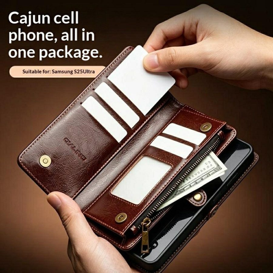6601221856A-9 QIALINO Business Style For Samsung Galaxy S25 Ultra Case Genuine Leather Detachable 2-in-1 Wallet Flip Phone Cover with Shoulder Strap & Wrist Strap