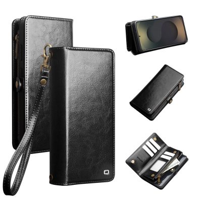 6601221856B-1 QIALINO Business Style For Samsung Galaxy S25 Ultra Case Genuine Leather Detachable 2-in-1 Wallet Flip Phone Cover with Shoulder Strap & Wrist Strap