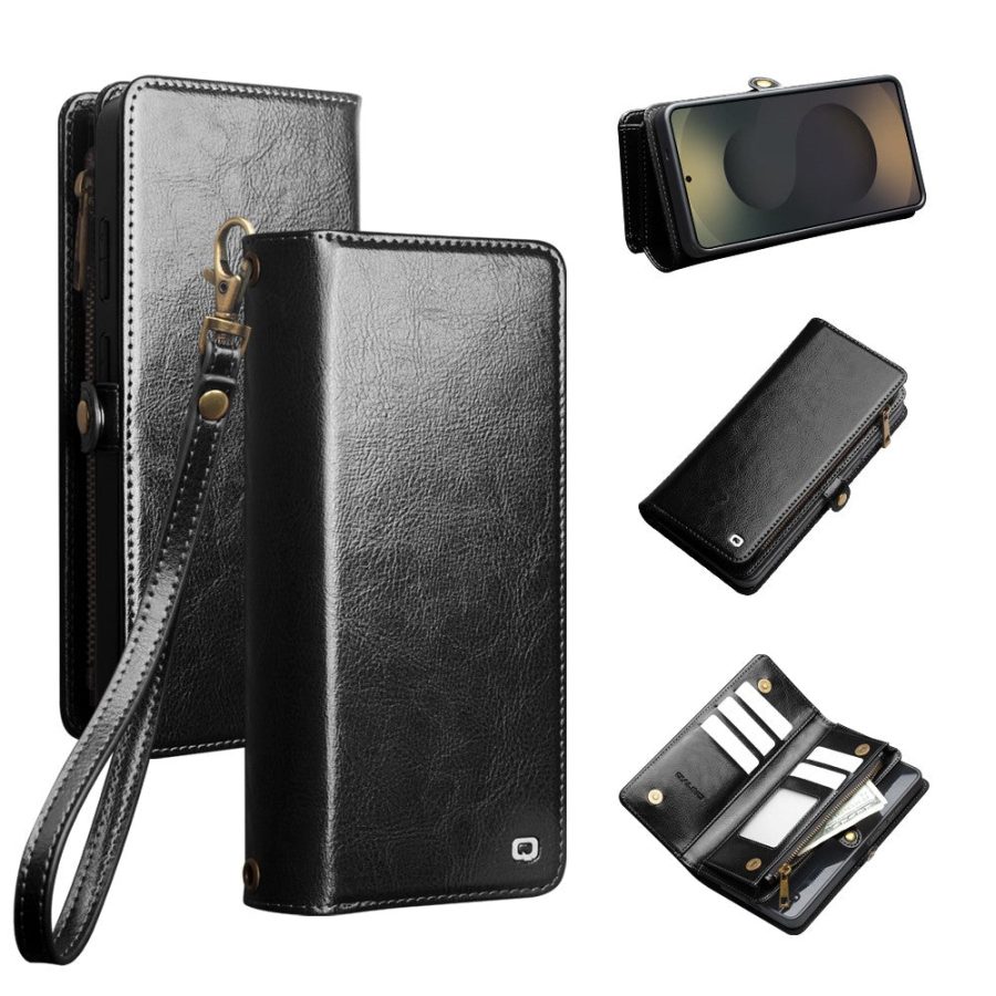 6601221856B-1 QIALINO Business Style For Samsung Galaxy S25 Ultra Case Genuine Leather Detachable 2-in-1 Wallet Flip Phone Cover with Shoulder Strap & Wrist Strap