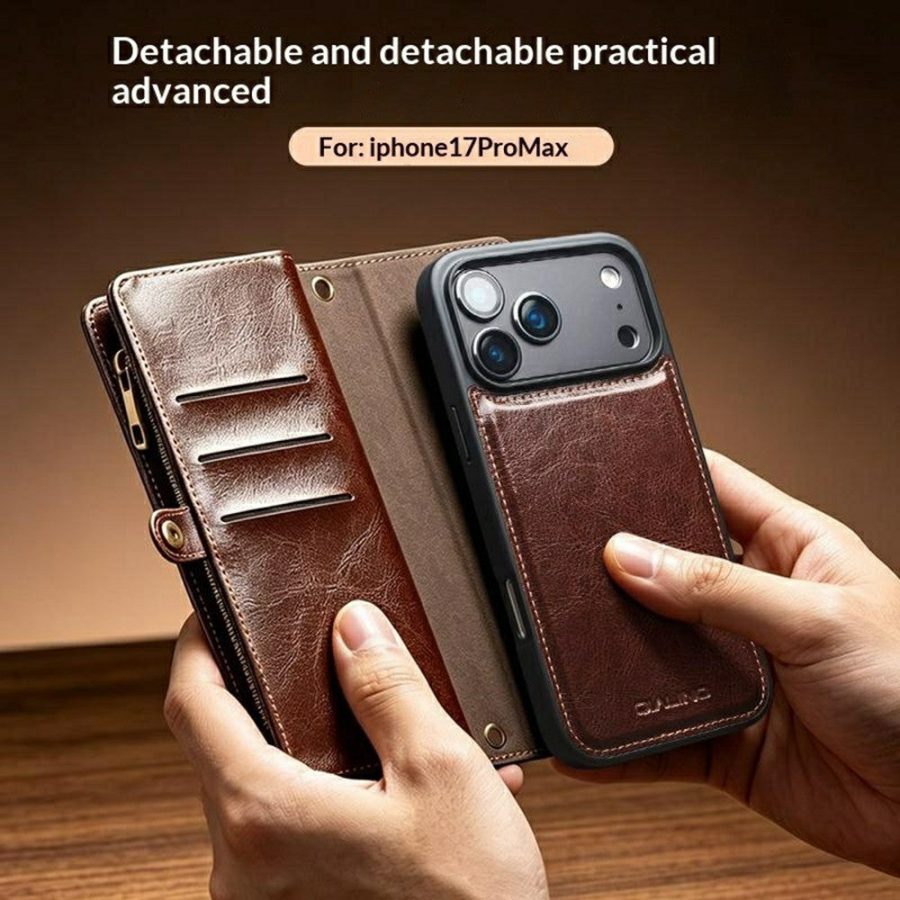 6601221857A-10 QIALINO Business Style iPhone 17 Pro Max Case Genuine Leather Detachable 2-in-1 Wallet Flip Phone Cover with Shoulder Strap & Wrist Strap