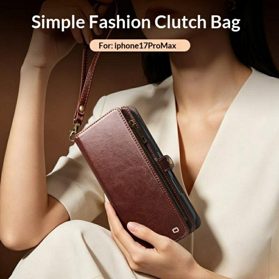 6601221857A-12 QIALINO Business Style iPhone 17 Pro Max Case Genuine Leather Detachable 2-in-1 Wallet Flip Phone Cover with Shoulder Strap & Wrist Strap