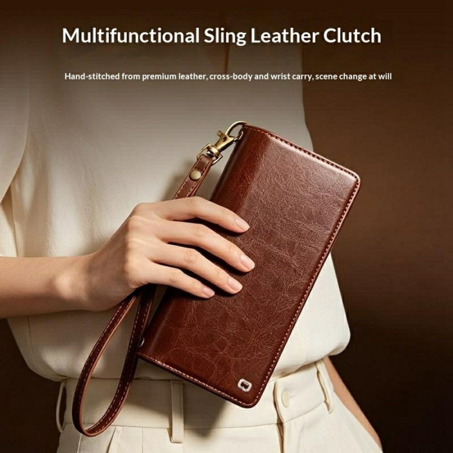6601221857A-13 QIALINO Business Style iPhone 17 Pro Max Case Genuine Leather Detachable 2-in-1 Wallet Flip Phone Cover with Shoulder Strap & Wrist Strap