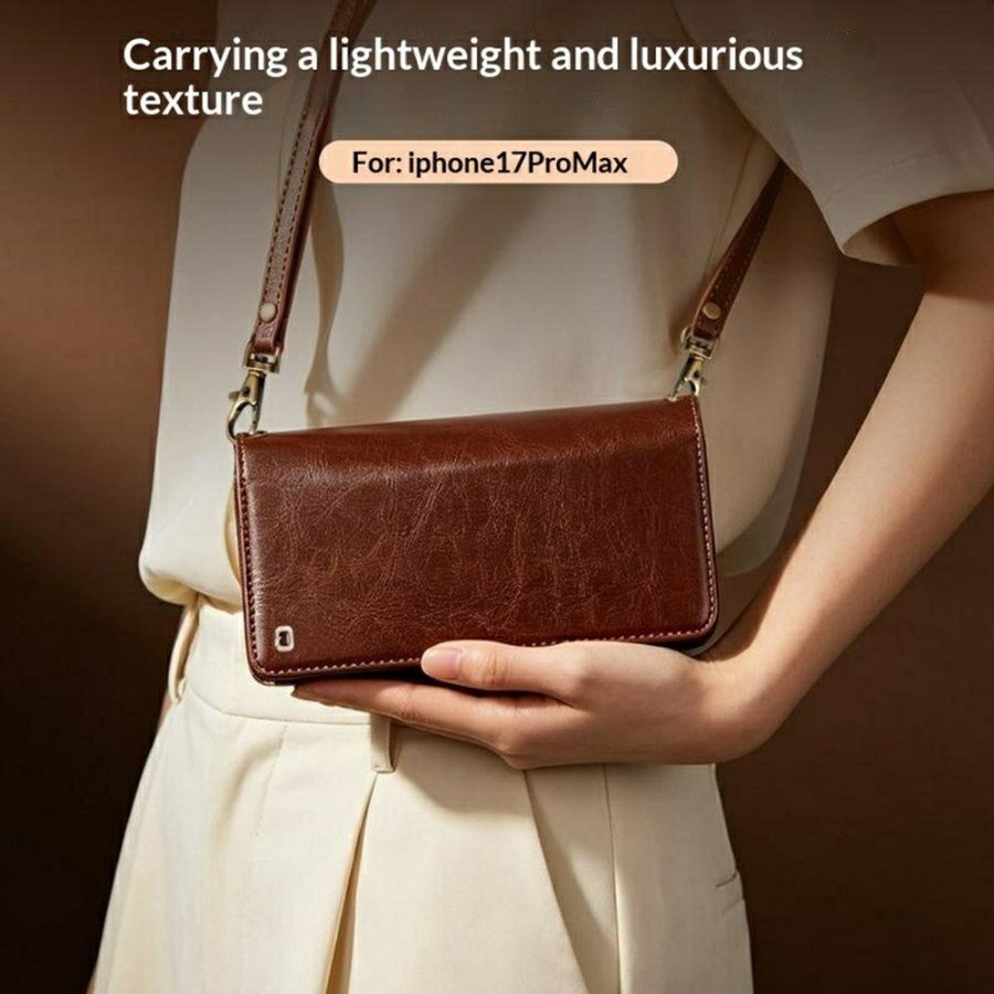 6601221857A-14 QIALINO Business Style iPhone 17 Pro Max Case Genuine Leather Detachable 2-in-1 Wallet Flip Phone Cover with Shoulder Strap & Wrist Strap