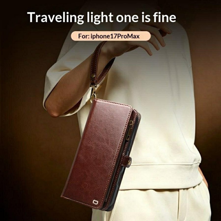 6601221857A-15 QIALINO Business Style iPhone 17 Pro Max Case Genuine Leather Detachable 2-in-1 Wallet Flip Phone Cover with Shoulder Strap & Wrist Strap