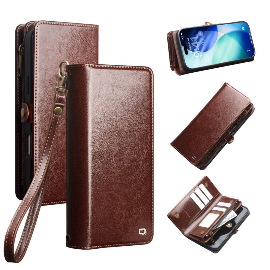 6601221857A-1_cae010f3-5c66-4c23-89a4-c4c7505790c6 QIALINO Business Style iPhone 17 Pro Max Case Genuine Leather Detachable 2-in-1 Wallet Flip Phone Cover with Shoulder Strap & Wrist Strap