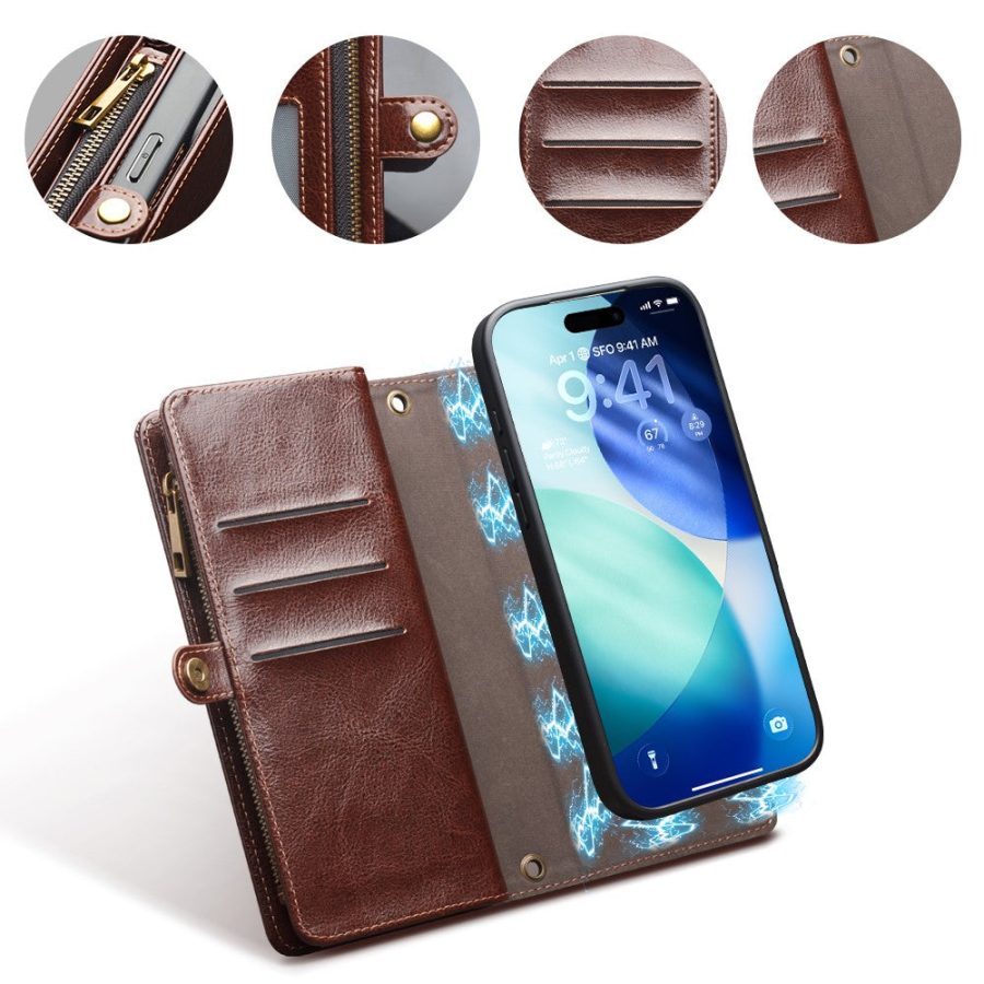 6601221857A-2 QIALINO Business Style iPhone 17 Pro Max Case Genuine Leather Detachable 2-in-1 Wallet Flip Phone Cover with Shoulder Strap & Wrist Strap
