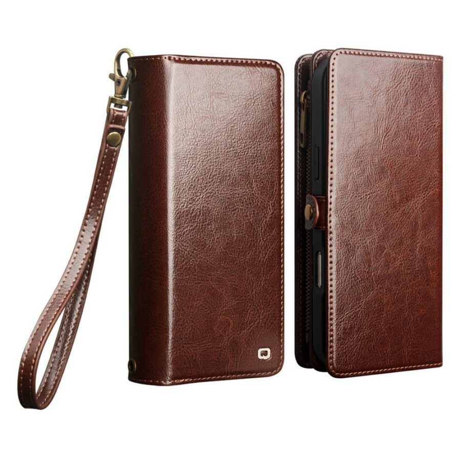 6601221857A-4 QIALINO Business Style iPhone 17 Pro Max Case Genuine Leather Detachable 2-in-1 Wallet Flip Phone Cover with Shoulder Strap & Wrist Strap